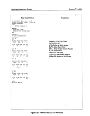 Page 183Hybrid Key Telephone System STARPLUS@ 2448EX 
Data Base Printout Description 
7A MONITOR Eng. Ver. l.lf 
DATE: 07/24/91 TIME: 14:13:38 
ENTER PASSWORD: 
adm>, 
ENTER PROGRAM NO 
adrc-82 
PRINT CO LINES 
ENTER RANGE PRESS HOLD 
adm 
adroOl 
CO LINE ATTRIBUTES 
co 1 
-- 
SIGNAL TYPE UNA SUPV 
DTMF CO Y 
N 
DISA FLTM GRP COS UCD 
N 10 1 1 ### 
co 2 
-- 
SIGNAL TYPE UNA SUPV 
DTMF CO Y 
N 
DISA FLIM GRP COS UCD 
N 
10 1 1 ### 
co 3 
-- 
SIGNAL TYPE UNA SUPV 
DTMF CO Y 
N 
DISA FLlM GRP COS UCD 
N 10 1 1 ###...