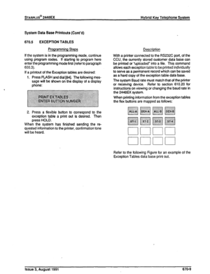 Page 186sTARPLUS@ 2448EX 
Hybrid Key Telephone System 
System Data Base Printouts (Cont’d) 
670.5 EXCEPTION TABLES 
Programming Steps 
If the system is in the programming mode, continue 
using program codes. If starting to program here 
enter the programming mode first (refer to paragraph 
600.3). 
If a printout of the Exception tables are desired: 
1. Press FLASH and dial [&I]. The following mes- 
sage will be shown on the display of a display 
phone: 
2. Press a flexible button to correspond to the 
exception...