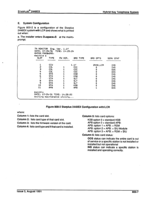 Page 208STARPLUS@ 2448EX 
Hybrid Key Telephone System 
E. System Configuration 
Figure 800-2 is a configuration of the Starplus 
2448EX system with LCR and shows what is printed 
out when: 
a. The installer enters D*space>S at the maint> 
prompt. 
?A MONITOR Eng. Vet-. l.lf DATE: 07/2’+/91 TIHE: 11):29:24 ENTER PASSWORD: maint>d s 
SLDT TYPE FW UER. BRD TYPE 
BRD OPTS SEW STRT 
------ ---w-D --------- ---------- ---_______ 
---------__ 
i ecu l.lf CDL 
: co1 
3 
COL co1 
z COL 
co1 
STA : 
KS.0 
6 STA 
: KSB 
7...