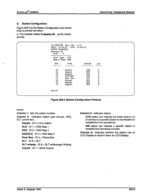 Page 210STARPLUS@ 2448EX Hybrid Key Telephone System 
G. Station Configuration 
Figure 800-4 is the Station Configuration and shows 
what is.printed out when: 
a. The installer enters DqxrceGS at the maint> 
prompt. 
I 
7FI flONITOR Eng. Uer. l.lf DRTE: 07/2r(/91 TIDE: 1’+:56:22 
EMER PFlSSWORD: 
maint>d s5 SLOT : 5 
-----------___--- 
Slot Type : STFl 
Board Type: KSB 
STA TYPE 
------- -------- STRTUS LCD 
---------- ----- 
12 
13 
14 
15 
16 
17 Keyset 
INS Y 
Keyset 
00s N 
Keyset 
INS Y DLS/DSS INS N 
Door...