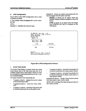 Page 211Hybrid Key Telephone System STARPLUS@ 2448EX 
H. APB Configuration 
Figure 800-5 is the APB Configuration shows what 
is printed out when: 
a. The installer enters D*space~Gll at the maint> 
prompt. 
where: 
Column 1: identifies the card slot type. Column 2: shows any options associated with the 
board plugged into the option card slot. 
RS232C is shown as an option when the 
RS232C Module (MM) is installed on the APB 
board. 
DTMF is shown as an option when the Single 
Line DTMFRS unit (SLU) is...