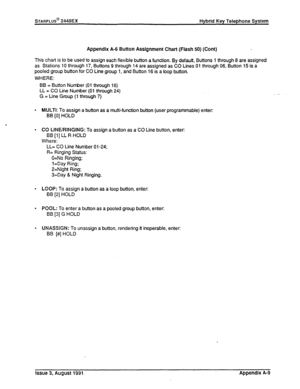 Page 223STARPLUS@ 2448EX Hybrid Key Telephone System 
Appendlx A-6 Button Assignment Chart (Flash 50) (Cont) 
This chart is to be used to assign each flexible button a function. By defautt, Buttons 1 through 8 are assigned 
as Stations 10 through 17, Buttons 9 through 14 are assigned as CO Lines 01 through 06, Button 15 is 
a 
pooled group button for CO Line group 1, and Button 16 is a loop button. 
WHERE: 
BB = Button Number (01 through 16) 
LL = CO Line Number (01 through 24) 
G = Line Group (1 through 7) 
l...