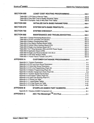 Page 243STARPLUS@ 2448EX 
Hybrid Key Telephone System 
SECTION 650 LEAST COST ROUTING PROGRAMMING 
................................... 650-l 
Table 650-l LCR Class of Service Table 
............................................................................ . .......... 650-6 
Table 650-2 Daily Start Time & Weekly Schedule Tables 
............................................................. 650-8 
Table 650-3 Examples: Daily & Wkly Start Time Tables...