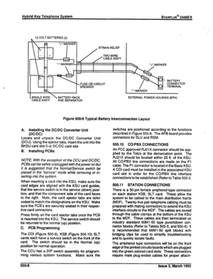 Page 263Hybrid Key Telephone System %ARPLUS@ 2448EX 
~ 12 VOLT BATTERIES (2) 
STRAIN RELIEF 
SINGLE WIRE BATTERY RACK 
CABLE ASS?’ 
AND SEPARATOR l +. MARKER 
% 
+ BATTERY 
CONNECTOR 
- TERMINAL 
.-. MARKER 
EXTERNAL POWER HOUSING (EPH) 
Figure 586-6 Typical Battery Interconnection Layout 
A. Installing the DC/DC Converter Unit 
(DC/DC) 
Locate and unpack the DC/DC Converter Unit 
(DCU). Using the ejector tabs, insert the unit into the 
BKSU card slot 0 or DC/DC card slot. 
B. Installing PCBs 
NOTE: With the...