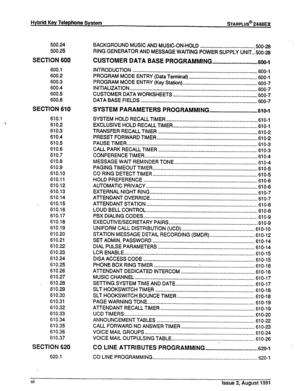 Page 7Hybrid KeyTelephoneSystem sTARPLUs@ 2448EX 
500.24 
500.25 
SECTION 600 
600.1 
600.2 
600.3 
600.4 
600.5 
600.6 
SECTION 610 
610.1 
610.2 
610.3 
610.4 
610.5 
610.6 
610.7 
610.8 
610.9 
610.10 
610.11 
610.12 
610.13 
610.14 
610.15 
610.16 
610.17 
610.18 
610.19 
610.20 
610.21 
610.22 
610.23 
610.24 
610.25 
610.26 
610.27 
610.28 
610.29 
610.30 
610.31 
610.32 
610.33 
610.34 
610.35 
610.36 
610.37 
SECTION 620 
620.1 
BACKGROUND MUSIC AND 
MUSIC-ON-HOLD 
-500-a...