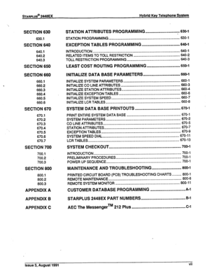 Page 8sTARPLUS@ 2448EX Hybrid Key Telephone System 
 
SECTlON 630 
630.1 
SECTlON 640 
640.1 
640.2 
640.3 
SECTION 650 
SECTlON 660 
660.1 
‘ 
660.2 
660.3 
660.4 
660.5 
660.6 
SECTION 670 
670.1 
670.2 
670.3 
670.4 
670.5 
670.6 
670.7 
SECTION 700 
700.1 
700.2 
700.3 
SECTION 800 
800.1 
800.2 
800.3 
APPENDIX A 
APPENDIX B 
APPENDIX C STATION ATTRIBUTES PROGRAMMING . . . . . . . . . . . . . . . . . . . . . . . . . . . . . . . . . . . . 
630-l 
STATION PROGRAMMING...