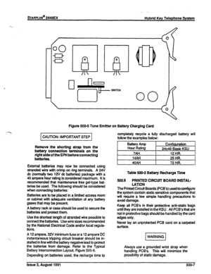 Page 78sTARPLUS@ 2448EX Hybrtd Key Telephone System 
n 
Figure 500-5 Tone Emitter on Battery Charging Card 
CAUTION: IMPORTANT STEP 
Remove the 
shorting strap from the 
battery connection terminals on the 
right side of the EPH before connecting 
batteries. 
External batteries may now be connected using 
stranded wire with crimp on ring terminals. A 24V 
dc (normally two 12V dc batteries) package with a 
46 ampere hour rating is considered maximum. It is 
recommended that maintenance free gel-type bat- 
teries...