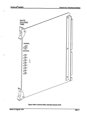 Page 82sTARPLUS@ 2448EX 
Hybrid Key Telephone System 
( 
I 
SERVICE 
5 
D 
S 
C  WHITE 
COLORED 
Figure 500-9 Central Office Interface Board (COI) 
Issue 3, August 1991 
500-11  