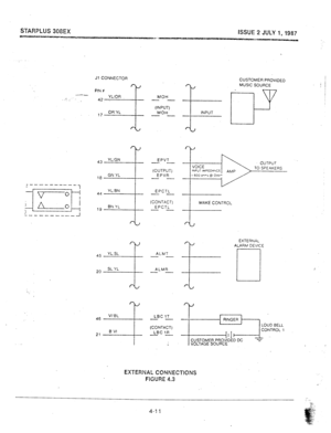 Page 41STARPLUS 308EX 
- ISSUE 2 JULY 1, 1987 
c.‘> 
.a 
- 
Jl CONNECTOR 
43 YLGN 
18 GN YL 
----------_ 
YL’BN 
46 MOH 
-- 
(INPUT) 
MOH 
-- 
EPVT 
-- 
(OUTPUT) 
EPVR 
-- 
EPCTL 
-- 
(CONTACT) 
EPCTL 
-- 
ALMT 
-- 
ALMR 
-- 
LBC 1T 
-- 
(CONTACT) 
LBC 1R 
-- 
iI= 
INPUT 
I MAKE CONTROL 
?--J EXTERNAL 
ALARM DEVICE 
LOUD BELL 
CONTROL 1 
/VOLTRGE!- CUSTOMER PROVlDtD CC 
EXTEFGUL CONNECTIONS 
FIGURE 4.3  