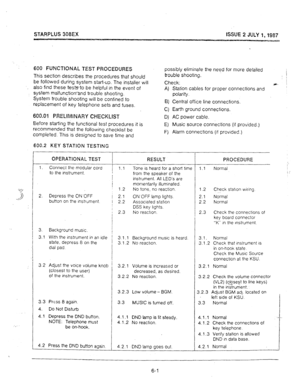 Page 60STARPLUS 308EX ISSUE 2 JULY I,1987 
- -- 
vm 
600 FUNCTIONAL TEST PROCEDURES 
This section describes the procedures that should 
be followed during system start-up. The installer will 
._ also find these teststo be helpful in the event of 
system malfunctionxnd trouble shooting, 
System trouble-shooting will be confined to 
replacement of key telephone sets and fuses. 
600.01 F’RELIMINARY CHECKLIST 
Before starting the functional test procedures it is 
recommended that the following checklist be...