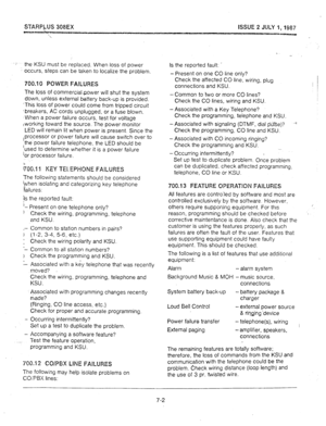 Page 67STAWLUS 308EX 
-,, ISSUE 2 JULY I,1987 
F the KSU must be replaced. When loss of power 
occurs, steps can be taken to localize the problem. 
700.10 POWER FAILURES 
The loss of commercial-power will shut the system 
down, unless external battery back-up is provided. 
‘This loss of power could come from tripped circuit 
‘breakers, AC cords unplugged, or a fuse blown. 
‘When a power failure occurs, test for voltage 
iworking toward the source. The power monitor 
LED will remain lit when power is present....