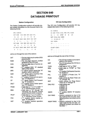 Page 120sTARPLUS@ 616 FLEX KEY TELEPHONE SYSTEM 
SECTION 640 
DATABASE PRINTOUT 
Station Configuration 
The Station Configuration printout will provide sta- 
tion related information in a !%character field in the 
following format: 
STA CONFIG 
CKT NUM COS DND SPD ALM PFL 
0110 1 Y Y N N 
CF DSLT PAGE BNA PKUP PAC HST 
Y Y 1,. . . 1,. Y N 
CKT NUM COS DND SPD ALM PFL 
02 11 1 Y Y N N 
CF DSLT PAGE BNA PKUP PAC HST 
Y Y 1,. . . 1,. Y N 
and so on through the rest of the stations 
CKT 
NUM 
cos 
DND 
SPD 
ALM 
PFL...