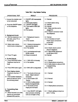 Page 125STARPLUs@ FLEX KEY TELEPHONE SYSTEM 
Table 700.1 
- Key Station Testing 
1 1. Connect the modular cord 
to the instrument. 
2. Press the ON/OFF button 
on the telephone. 
3. Background music 
3.1 With the telephone in an 
idle state, press “8” on 
the dial pad. 
3.2 Adjust voice volume 
(front) knob on telephone. 
3.3 Press “8” again. 
4. Do Not Disturb 
4.1 Press FWDIDND button. 
Telephone must be on- 
hook. 
4.2 Press DND button again. 
5. Tone ringing volume 
Telephone must be in ‘7 
mode. 
5.1 From...