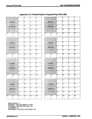 Page 133sTARPLUS@ 616 FLEX KEY TELEPHONE SYSTEM 
Appendix A-2 Flexible Button Programming Chart (08) 
2 3 4 
6 7 6 
10 11 
12 
14 15 16 
20 21 22 
, 3 
14 15 16 
................................ 
............... : ........ ...................... 1 2 3 4 
...................... 
...................... 
........................... 
............... 
.................... .................... 
.................................. 
......................................... 
.................... 
......................