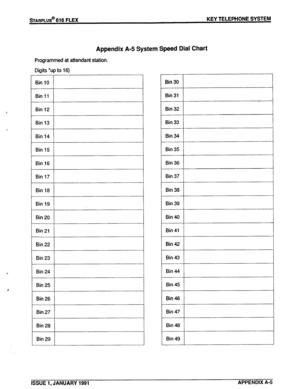 Page 136sTARPLUS@ 616 FLEX KEY TELEPHONE SYSTEM 
Appendix A-5 System Speed Dial Chart 
Programmed at attendant station. 
Digits ‘up to 16) 
Bin 10 
Bin 11 
Bin 12 
Bin 13 
Bin 14 
Bin 15 
Bin 16 
Bin 17 
Bin 18 
Bin 19 
Bin 20 
Bin 21 
Bin 22 
Bin 23 
Bin 24 
Bin 25 
Bin 26 
Bin 27 
Bin 28 
Bin 29 1 Bin 30 1 
I 
1 Bin31 1 
1 Bin 32 1 
I Bin 33 
I 
1 Bin 35 1 
I 
1 Bin 36 1 
I 
I Bin 37 1 
Bin 38 
1 Bin 40 1 
I 
1 Bin 41 1 
I 
I Bin 42 I 
Bin 43 
Bin 44 
Bin 45 
Bin 46 
Bin 49 
ISSUE 1, JANUARY 1991 APPENDIX A-5  