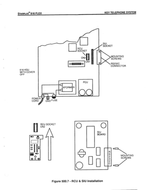 Page 64STARPLUS@ 616 FLEX KEY TELEPHONE SYSTEM 
616 KSU 
WITH COVER 
OFF  
CN2 
l-ziiJcN’ 
RCU CN2 
SIU SOCKET 
J 
MOUNTING 
SCREWS 
RS232C 
CONNECTOR 
Figure 500.7 - RCU & SIU Installation 
.A^.._ _ .--...--.* _^^> 
Efm-4 E  