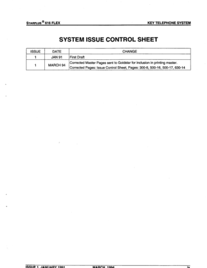 Page 10STARPLUS @ 616 FLEX KEY TELEPHONE SYSTEM 
SYSTEM ISSUE CONTROL SHEET 
1 ISSUE 1 DATE CHANGE 
JAN 91 First Draft 
MARCH 94 Corrected Master Pages sent to Goldstar for inclusion in printing master. 
Corrected Pages: Issue Control Sheet, Pages: 300-8, 500-16, 500-17, 630-14 
ISSUE 1, JANUARY 1991 
MARCH, 1994 
lx  