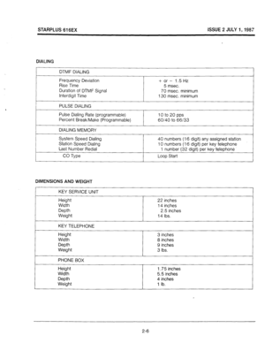 Page 15STARPLUS 616EX ISSUE 2 JULY I,1987 
DIALING 
DTMF DIALING 
Frequency Deviation 
Rise Time 
Duration of DTMF Signal 
Interdigit Time 
PULSE DIALING + or - 1.5 Hz 
5 msec. 
70 msec. minimum 
130 msec. minimum 
Pulse Dialing Rate (programmable) 
Percent BreakMake (Programmable) 
DIALING MEMORY 10to20pps 
60140 to 66133 
System Speed Dialing 
Station Speed Dialing 
Last Number Redial 
CO Type 40 numbers (16 digit) any assigned station 
10 numbers (16 digit) per key telephone 
1 number (32 digit) per key...