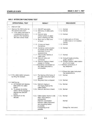 Page 64STARPLUS 616EX ISSUE 2 JULY I,1987 
600.3 INTERCOM FUNCTIONS TEST 
OPERATIONAL TEST 
Intercom Call 
Depress the DSS button 
for 
the desired instrument. 
a. If the called instrument is 
a speakerphone and is 
placed in the handsfree 
talk back (voice) mode. 
If the called station answers 
by lifting the handset. 
Call Pick-Up 
Lift Handset and depress 
DSS button for called 
station. 
To answer at another 
station, lift the handset or 
depress the ON/OFF 
button. 
Depress 6 on the 
dial pad. T 
RESULT 
1...