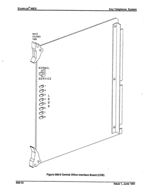 Page 101sTARPLUS@ 96EX 
Key Telephone System 
NORMAL 
SERVICE 
0 , 4 E 
0 
5 II 
0 6 ’  WHITE 
COLORED 
Figure 500-9 Central Office interface Board (COB) 
500-l 2 
Issue 1, June 1991  