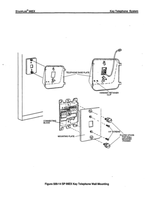 Page 111, 
sTAFiPLUS@ 96EX Key Telephone System 
. 
I= 
(9. 
r- 
MOUNTING PLATE 
--I 
HANDSh&TAlNER 
. 
@Jz2) 
“-3 
 
 
“4’7cRms 
Figure 500-l 4 SP 96EX Key Telephone Wall Mounting 
500-22 Issue 1, June 1991  