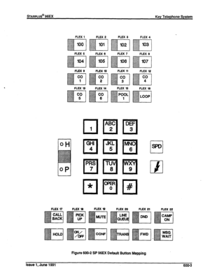 Page 124. 
BARPLUS@ 96EX Key Telephone System 
FLEX 1 
FLEX 5 
FLEX l3 FLEX 9 
FLEX 10 
FLEX 14 FLEX 3 FLEX 4 
FLEX 7 FLEX 6 
FLEX 11 
FLEX 12 
FLEX 15 FLEX 16 
GHI 
q 4 
PRS 
q 7 TUV q 8 
MN0 
q 
6 H L I 
El 
FLEX17 FLEXl9 FLExlQ FLEX 20 FLEX 21 FLEX22 
Figure 600-2 SP 96EX Default Button Mapping 
Issue 1, June 1991 
600-3  