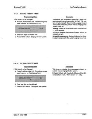 Page 134610.9 PAGING TIMEOUT TIMER 
Programming Steps Description 
If this timer is to be changed: 
A. Press FLASH and dial [09]. The following mes- 
sage is shown on the display phone: Determines the maximum length of a page an- 
nouncement (internal, external or All Call). The sys- 
tem will automatically disconnect the page at the end 
of this time unless the person making the page has 
already hung up. 
8. Enter two digits on the dial pad. 
C. Press HOLD button. Display will now update. 
Default: Default is...