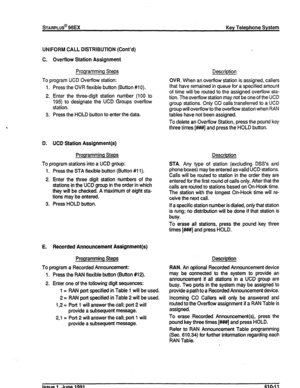 Page 140STARPLUS@ 96EX Key Telephone System 
UNIFORM CALL DISTRIBUTION (Cont’d) 
C. Overflow Station Assignment 
Programming Steps 
To program UCD Overflow station: 
1. Press the OVR flexible button (Button #lo). 
2. Enter the three-digit station number (100 to 
195) to designate the UCD Groups overflow 
station. 
3. Press the HOLD button to enter the data. Description 
OVR. When an overflow station is assigned, callers 
that have remained in queue for a specified 
amount 
of time will be routed to the assigned...