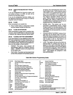 Page 54%ARPLUS@ 96EX Key Telephone System 
300.29 EXECUTIVE/SECRETARY TRANS- 
FER 
If you are designated the Executive station and 
your phone is busy or in DND, all calls will be 
routed to the Secretary station. 
If you are the designated Secretary station, you 
can signal the Executive that is busy or in DND by 
using the Camp On feature. 
300.30 FLASH 
When connected to an outside line: 
A. Press FLASH button to disconnect outside 
line and reseize outside line dial tone. . 
300.31 FLASH ON INTERCOM 
When...