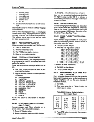 Page 57*2 Internal Zone 2 
*3 Internal Zone 3 
*4 internal Zone 4 
*5 Internal All Call 
*6 External Zone 
l 0 All Call 
C. Speak in normal tone of voice to deliver mes- 
sage. 
Stations off-hook or in DND will not hear the page 
announcement. 
NOTE: When making a zone page or All Call page 
and the zone is busy, fhe page initiafor will receive 
ringback fone until fhe zone becomes available. 
You will then hear a warning fone and an make 
the page announcement 
300.44 PBXICENTREX TRANSFER 
While connected to...