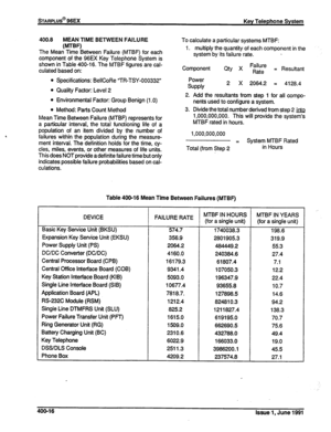 Page 89400.8 MEAN TlME BEWEEN FAILURE 
W’TW 
The Mean Time Between Failure (MTBF) for each 
component of the 96EX Key Telephone System is 
shown in Table 400-l 6. The MTBF figures are cal- 
culated based on: 
0 Specifications: BellCoRe “TR-TSY-000332” 
0 Quality Factor: Level 2 
0 Environmental Factor: Group Benign (1 .O) 
0 Method: Parts Count Method 
Mean Time Between Failure (MTBF) represents for 
a particular interval, the total functionina life of a 
population of an item divided by the &mber of 
failures...