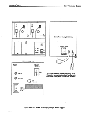 Page 95%AFIPLUS@ 96EX 
Key Telephone System 
PS 1 PSiij 
I 
RG 
SC 
Ll 
@ 
l-l 
II El 
4c 0 
x0 ON 
WGO 
OFI 
96EX Power Supply (PS) 
MODEL 
GPS-7A %k? 
1OAMA.X External Power Housing2 - Right Sii 
- SHORTING STFW 
CAUTION: Remove the shorting stra from 
the battew connecting teminals on t 
rt e tight 
side of the EPH2,,before connecting batteries. 
Figure 500-4 Ext. Power Housing2 (EPH2) 81 Power Supply  