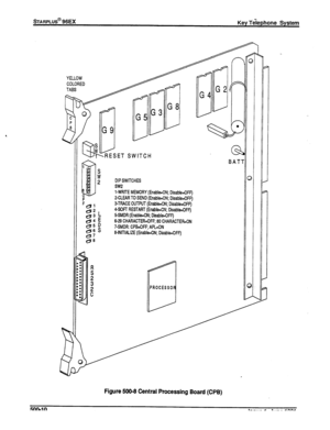 Page 99sARPLUS@ 96EX 
Key Tiephone System 
DIP SWlTCHES 
SW2 
l-WRlTE MEMORY (Enable=ON; kable=OFF) 
2-CLEAR TO SEND (EnabkON; DiiabledIFF) 
3-TRACE OUTPUT (EnabkON; DiiabhOFF) 
4-SOR RESTART (EnabkON; DisabkOFF) 
5-SMDR (EnabledIN; Dhble=OFF) 
6-29 CHARACTER=OFF; 80 CHARACTEkON 
XMDR: CPB=OFF; APL=ON 
8-INlTlAllZE (EnablezON; DidhOFF) 
BAT- 
YELLOW 
COLORED 
r7 
PROCESS0 
Figure 500-B Central Processing Board (CPB) 
500-10 Issue 1, June 1991  