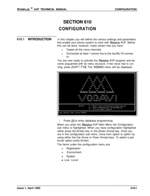 Page 108STARPLUS @ AVP TECHNICAL MANUALCONFIGURATION
SECTION 610
CONFIGURATION
610.1INTRODUCTIONIn this chapter you will define the various settings and parameters
that enable your phone system to work with 
Starplus AVP. Before
this can be done, however, make certain that you have:
lTested all the voice channels.
lConnected at least 1 phone line to the top RJ-14 connec-
tor.You are now ready to activate the 
Starplus AVP program and be-
come acquainted with its menu structure. If the voice mail is run-
ning,...