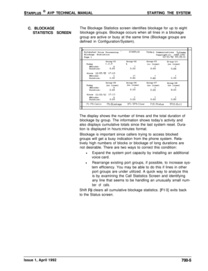 Page 224STARPLUS @ AVP TECHNICAL MANUALSTARTING THE SYSTEM
C. BLOCKAGE
STATISTICS SCREENThe Blockage Statistics screen identifies blockage for up to eight
blockage groups. Blockage occurs when all lines in a blockage
group are active or busy at the same time (Blockage groups are
defined in Configuration/System).
Fl-FE:CallsF9:BlockageSFI-SF9:ClearF10:StatusSF10:ExitI
Rutomated Voice Processing -STWPLIJSUodavi Communications SytesmsBlockage Statistics
Copyright(c) 1988-1991
Page 1
02/11/92...