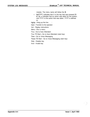 Page 238SYSTEM LOG MESSAGESSTARPLUS @ AVP TECHNICAL MANUAL
module. The menu name will follow the 
6.
lXaYYYY, Indicates that X is the key that was pressed (O-
9,*,#), a indicates that an action was taken by the system,
and YYYY is the action that was taken. YYYY is defined
as:
HgUp - Hang up the line-Oper 
- Transfer-to the operator
lnst 
- Replay instructions
Menu 
- Run a menu
Trou 
- Go to Auto Attendant
Trou TR Start 
- Go to Auto Attendant (start key)
Tbas 
- Go to Voice Messaging
Tbase TB Start 
- Go to...