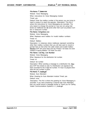 Page 243ADVANCE PROMPT CUSTOMIZATIONSTARPLUS @ AVP TECHNICAL MANUAL
File Name: 
T-base.voxModule: Voice Messaging
What: instructions for Voice Messaging module
Timed: yes
Default: Enter the mailbox number of the person you are trying to
reach or press 0 to reach the-operator. Description: This file is
where the instructions for Voice Messaging are recorded. The
only reason to change this prompt is if you are not using mail-
boxes as mailboxes but as some other item such as product num-
ber or restaurant number....