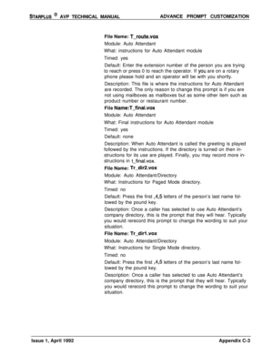 Page 244STARPLUS @ AVP TECHNICAL MANUALADVANCE PROMPT CUSTOMIZATION
File Name: 
T-route.voxModule: Auto Attendant
What: instructions for Auto Attendant module
Timed: yes
Default: Enter the extension number of the person you are trying
to reach or press 0 to reach the operator. If 
‘you are on a rotary
phone please hold and an operator will be with you shortly.
Description: This file is where the instructions for Auto Attendant
are recorded. The only reason to change this prompt is if you are
not using mailboxes...