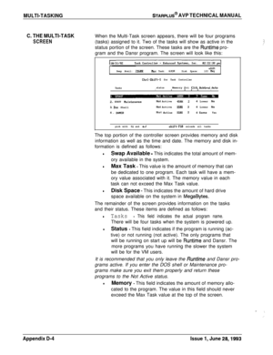 Page 252MULTI-TASKINGSTARPLUS@ AVP TECHNICAL MANUAL
C. THE MULTI-TASK
SCREENWhen the Multi-Task screen appears, there will be four programs
(tasks) assigned to it. Two of the tasks will show as active in the
status portion of the screen. These tasks are the 
Runtime pro-
gram and the Dansr program. The screen will look like this:
u3.01
Swap Avail: ZlbEKtiax Task:633HDisk Space:103 neg
Ctrl-Shift-l for Task Controller
TasksstatusMemory Pri 
Clck BckGrnd dutoI1I I II
2. SPAVP llaintenanceNot Active45BK 24 Lower...