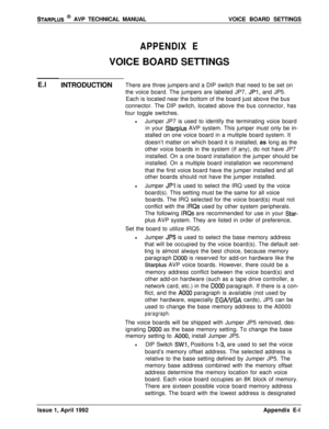 Page 259STARPLUS @ AVP TECHNICAL MANUALVOICE BOARD SETTINGS
APPENDIX EVOICE BOARD SETTINGS
E.l
INTRODUCTIONThere are three jumpers-and a DIP switch that need to be set on
the voice board. The jumpers are labeled JP7, 
JPl, and JP5.
Each is located near the bottom of the board just above the bus
connector. The DIP switch, located above the bus connector, has
four toggle switches.
lJumper JP7 is used to identify the terminating voice board
in your 
Starplus AVP system. This jumper must only be in-
stalled on one...