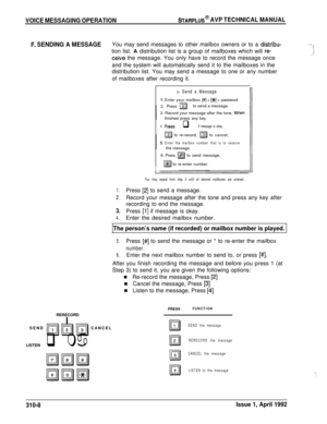 Page 34VOICE MESSAGING OPERATIONSTARPLUS @ AVP TECHNICAL MANUAL
F. SENDING A MESSAGEYou may send messages to other mailbox owners or to a distribu----xtion list. A distribution list is a group of mailboxes which will 
re-
ceive the message. You only have to record the message once,,.::and the system will automatically send it to the mailboxes in the
distribution list. You may send a message to one or any number
of mailboxes after recording it.
to Send a Message
1. Enter your mailbox [#] + [+F] + password
2....