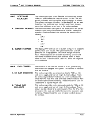 Page 62STARPLUS @ AVP TECHNICAL MANUALSYSTEM CONFIGURATION
400.3 SOFTWAREThe software packages for the 
Starplus AVP contain the system
PACKAGESdisks and software key that make the system function. The soft-
ware is preloaded onto the machine when the system is ordered.
The software packages offered on the 
Starplus AVP are two port-three hour, four port-three hour, four port-seven hour, six 
port-seven hour, eight port-seven hour, or the custom package.
A. STANDARD PACKAGESThe standard software packages on the...