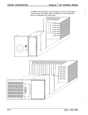 Page 63SYSTEM CONFIGURATIONSTARPLUS @ AVP TECHNICAL MANUAL
In addition this enclosure can be ordered in a two six slot layout.
In this version the mother board is divided into two enclosures
which are separate from each other.
L400-4
Issue 1, April 1992 