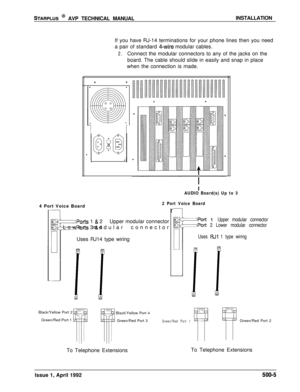 Page 75STARPLUS @ AVP TECHNICAL MANUALINSTALLATION
If you have RJ-14 terminations for your phone lines then you need
a pair of standard 
4-wire modular cables.
2.Connect the modular connectors to any of the jacks on the
board. The cable should slide in easily and snap in place
when the connection is made.
AUDIO Board(s) Up to 34 Port Voice Board
2 Port Voice Board
~Pot-ts 1 & 2Upper modular connector
-1P0r-t~ 3 & 4 Lower modular connector
Uses RJ14 type wiring
Black/Yellow Port 2
Green/Red Port 1Black/Yellow...