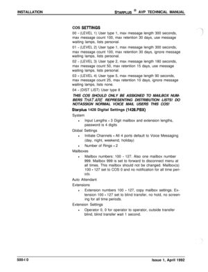 Page 80INSTALLATIONSTARPLUS @ AVP TECHNICAL MANUAL
COS 
SE-ITINGS00 
- (LEVEL 1) User type 1, max message length 300 seconds,
max message count 100, max retention 30 days, use message
waiting lamps, lists personal.
01 
- (LEVEL 2) User type 1, max message length 300 seconds,
max message count 100, max retention 30 days, ignore message
waiting lamps, lists personal.
02 
- (LEVEL 3) User type 2, max message length 180 seconds,
max message count 50, max retention 15 days, use message
waiting lamps, lists...