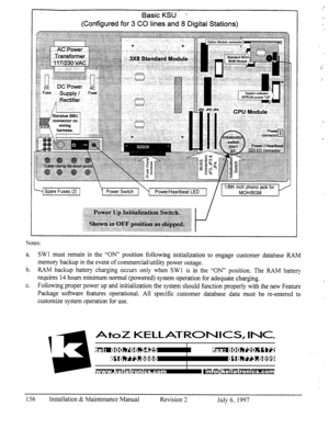 Page 163a. 
b. 
C. 
Basic KSU’. ‘- 
(Configured for 3 CO lines and 8 Digital Stations) 
Notes: 
SW1 
must remain in the “ON” position following initialization to engage customer database RAM 
memory backup in the event of commercial/utility power outage. 
RAM backup battery charging occurs only when SW1 is in the “ON” position. The RAM battery 
requires 14 hours minimum normal (powered) system operation for adequate charging. 
Following proper power up and initialization the system should function properly with...