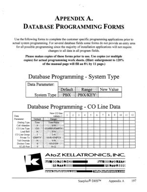 Page 203APPENDIX A. 
DATABASE PROGRAMMING FORMS* 
Use the following forms to complete the customer specific programming applications prior to 
actual system programming. For several database fields some forms do not provide an entry area 
for all possible programming since the majority of installation applications will not require 
changes to all data in all program fields. 
Please makes copies of these forms prior to use. Use copies (or multiple 
copies) for actual programming work sheets. (Hint: enlargement to...