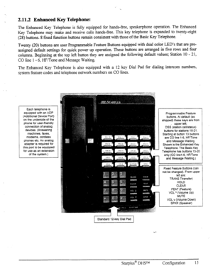 Page 222.11.2 Enhanced Key Telephone: 
The Enhanced Key Telephone is fiAly equipped for hands-free, speakerphone operation. The Enhanced 
Key Telephone may make and receive calls hands-fi-ee. This key telephone is expanded to twenty-eight 
(28) buttons. 8 fKed function buttons remain consistent with those of the Basic Key Telephone. . 
Twenty (20) buttons are user Programmable Feature Buttons equipped with dual color LED’s that are pre- 
assigned default settings for quick power up operation. These buttons are...