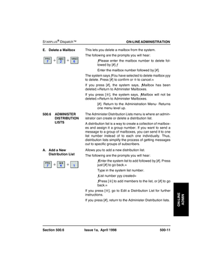 Page 121STARPLUSŠDispatch™
21/,1($0,1,675$7,21
6HFWLRQ ,VVXHD $SULO  ( HOHWHD0DLOER[7KLVOHWV\RXGHOHWHDPDLOER[IURPWKHV\VWHP
7KHIROORZLQJDUHWKHSURPSWV\RXZLOOKHDU
