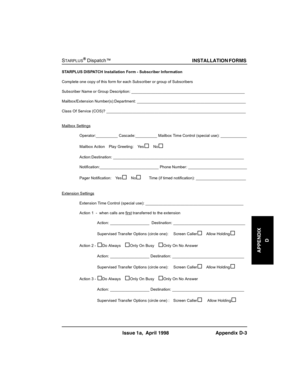 Page 349STARPLUSŠDispatch™
,167$//$7,21)2506
,VVXHD $SULO $SSHQGL[
STARPLUS DISPATCH Installation Form - Subscriber Information
Complete one copy of this form for each Subscriber or group of Subscribers
Subscriber Name or Group Description: ____________________________________________________
Mailbox/Extension Number(s):Department: __________________________________________________
Class Of Service (COS)? ________________________________________________________________
Mailbox Settings...